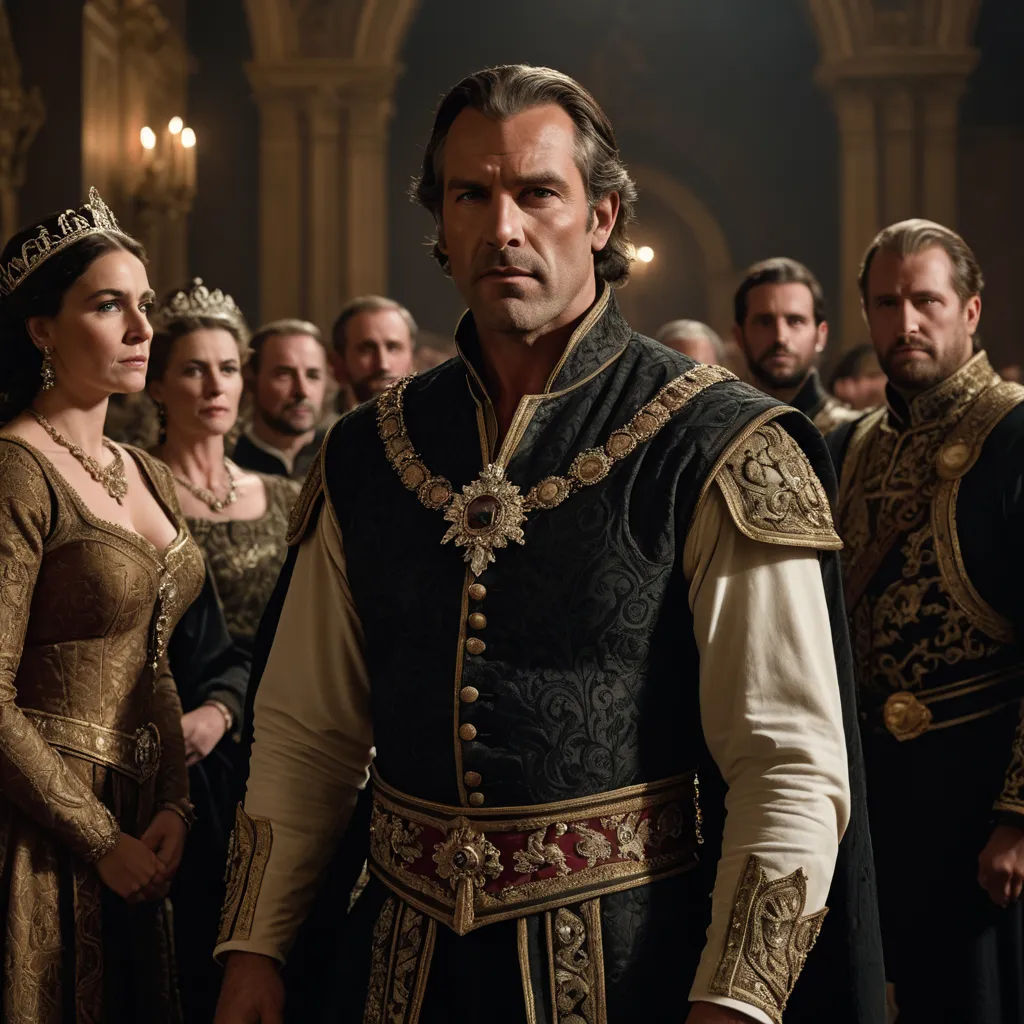 a man in a crown standing in front of a group of people in renaissance dress and tiaras,, renaissance, a flemish Baroque, Altoon Sultan, promotional image