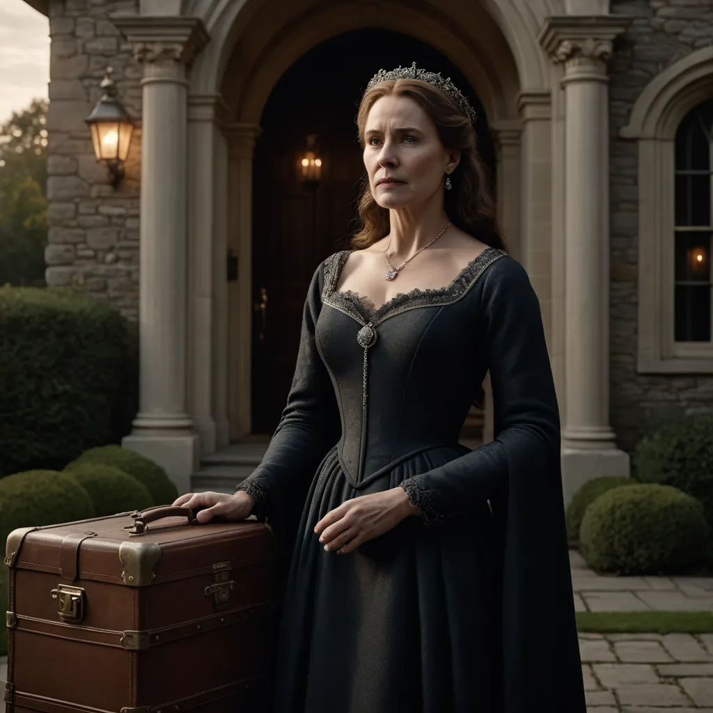 a woman in a black dress holding a brown suitcase in front of a building with a clock tower on it, pre-raphaelitism, a character portrait, Elizabeth Forbes, promotional image