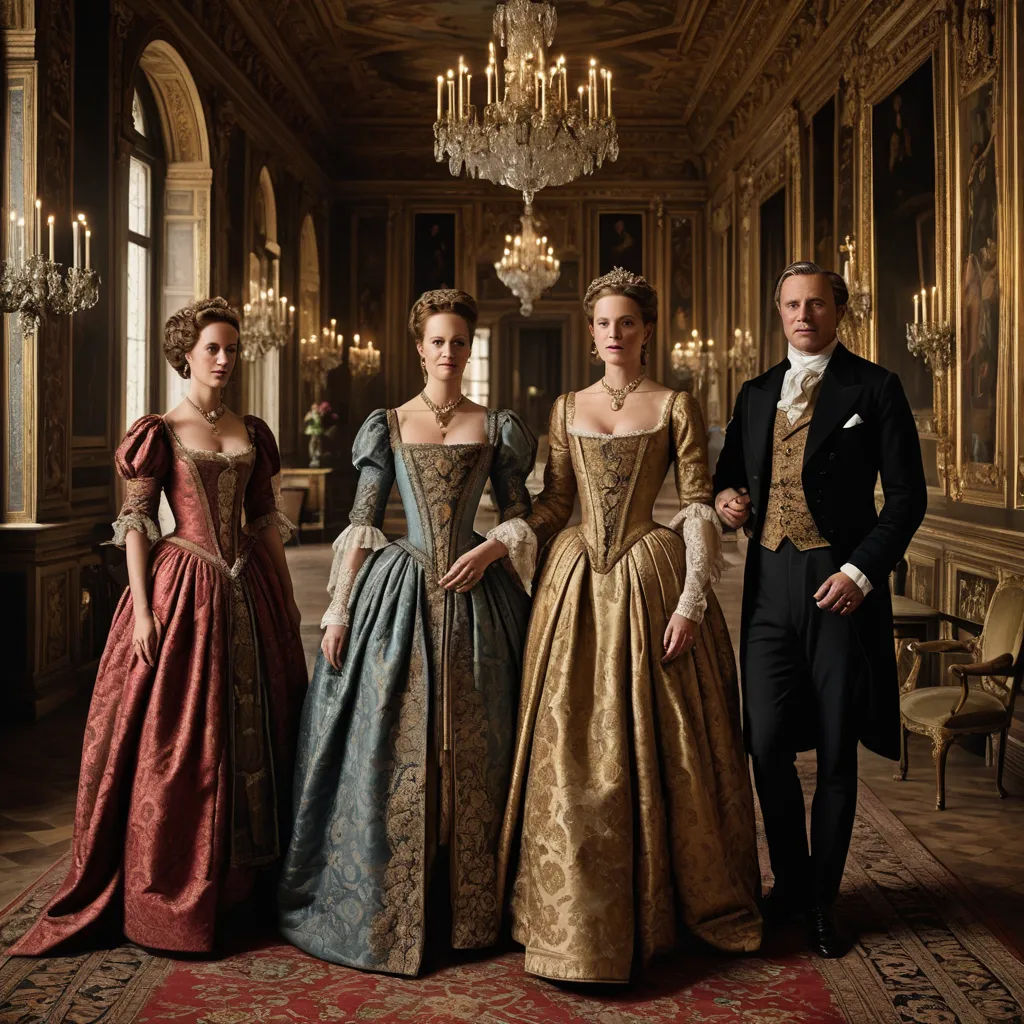 a group of people in fancy dresses standing in a room with chandeliers and chandeliers on the walls, rococo, a flemish Baroque, Bourgeois, promotional image