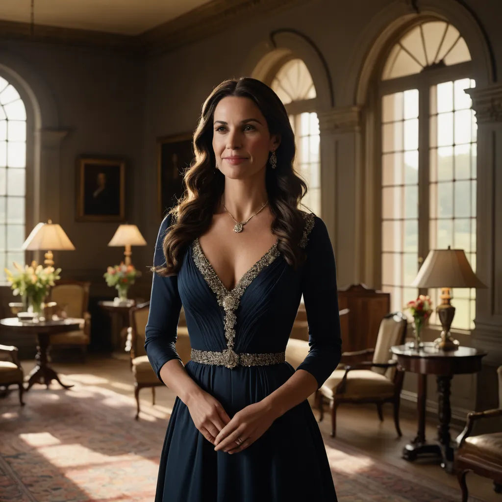 a woman in a blue dress standing in a room with two windows and a rug on the floor and a lamp on the side, neoclassicism, a character portrait, Caroline Lucy Scott, promotional image