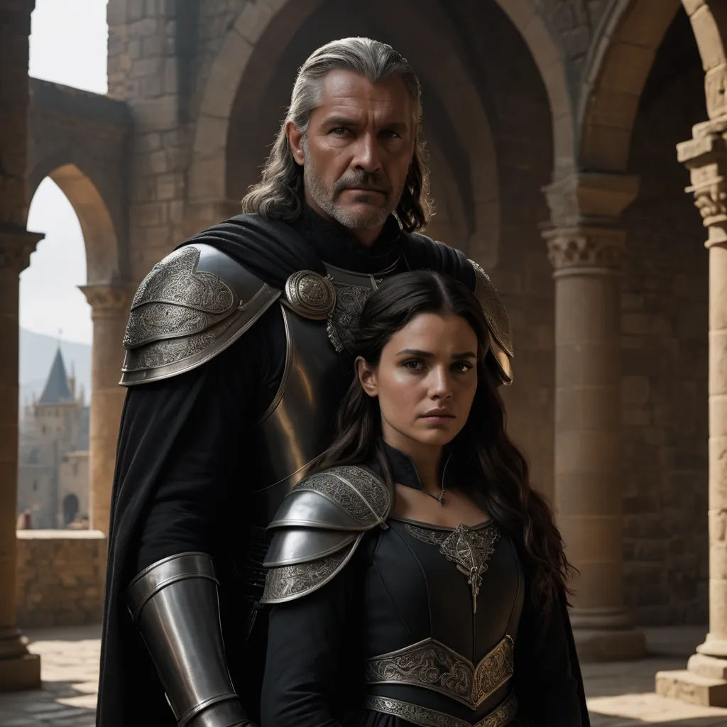 a man and a woman dressed in medieval costumes standing in front of a castle archways and looking at the camera, antipodeans, a detailed matte painting, Cliff Childs, promotional image