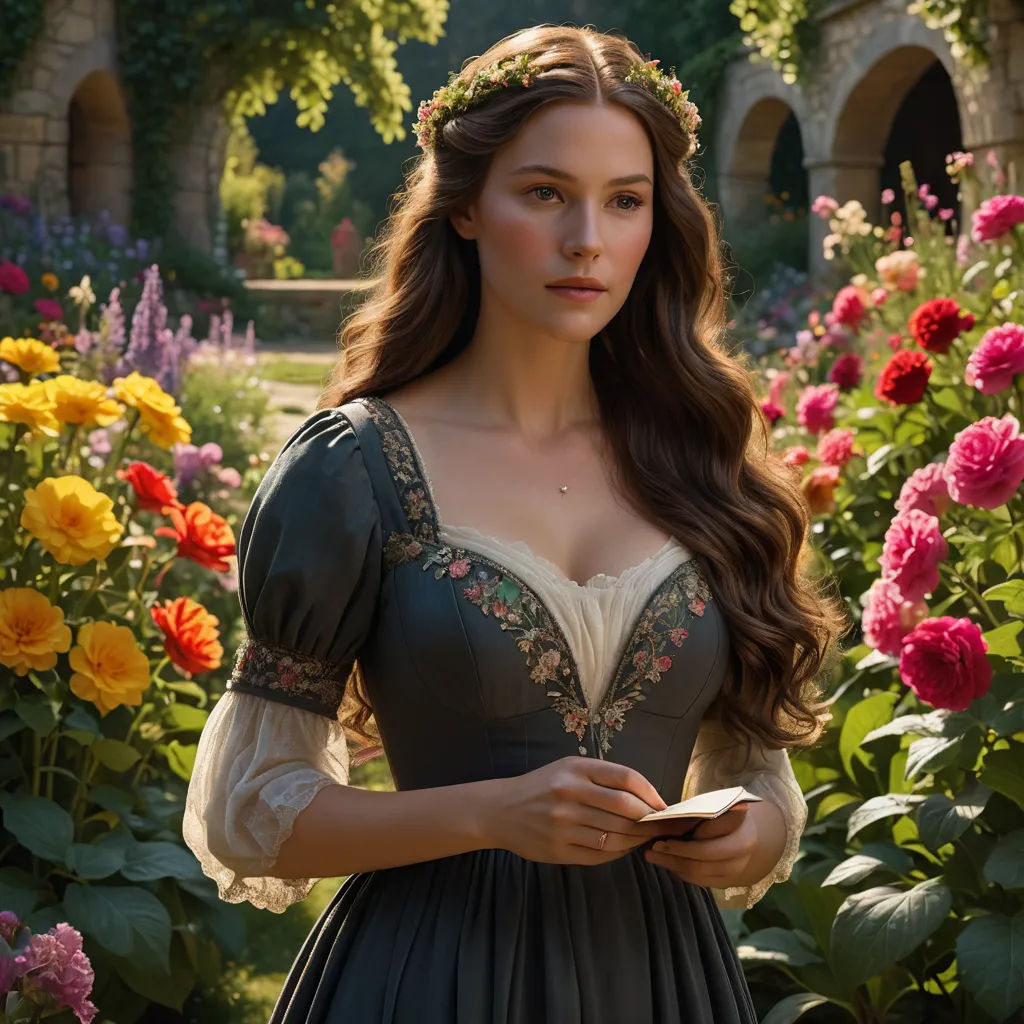 a woman in a dress standing in a garden with flowers in the background and a book in her hand, aestheticism, a detailed matte painting, Anne Said, promotional image