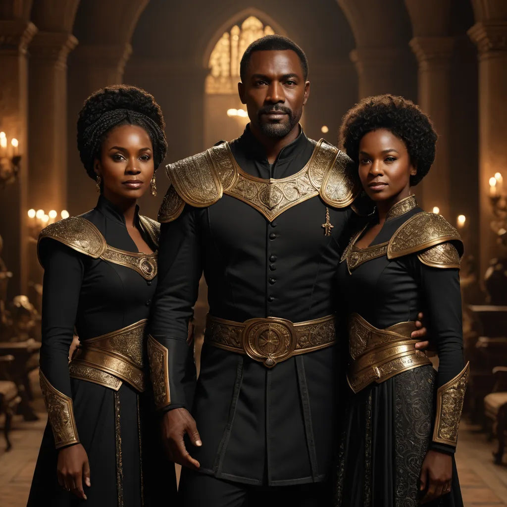 a man and two women in black and gold outfits standing in a church with candles in the background and a chandelier, afrofuturism, a poster, Chinwe Chukwuogo-Roy, promotional image