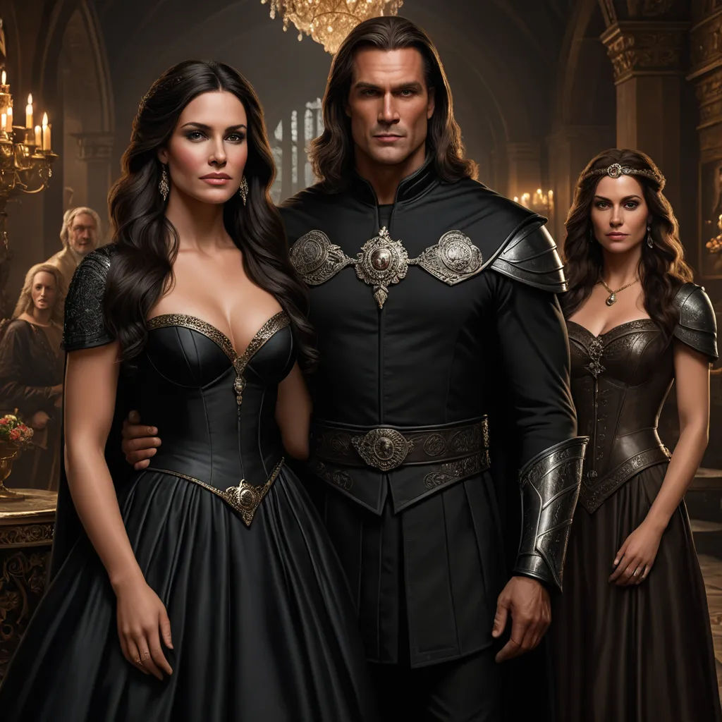 a man and woman in medieval costumes standing next to each other in a room with a chandelier, fantasy art, a detailed matte painting, Anne Stokes, promotional image