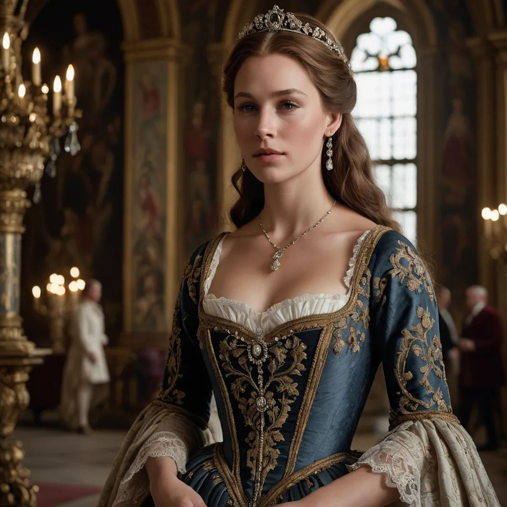 a woman in a blue and gold dress in a palace setting with chandeliers and chandeliers, renaissance, a flemish Baroque, Constance-Anne Parker, promotional image