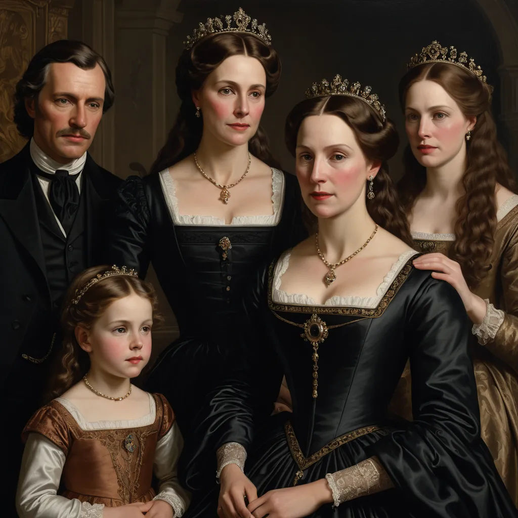 a painting of a family of three wearing black and gold dresses and tiaras, with a man in a black suit, pre-raphaelitism, an ultrafine detailed painting, Edward Otho Cresap Ord, II, highly detailed oil painting