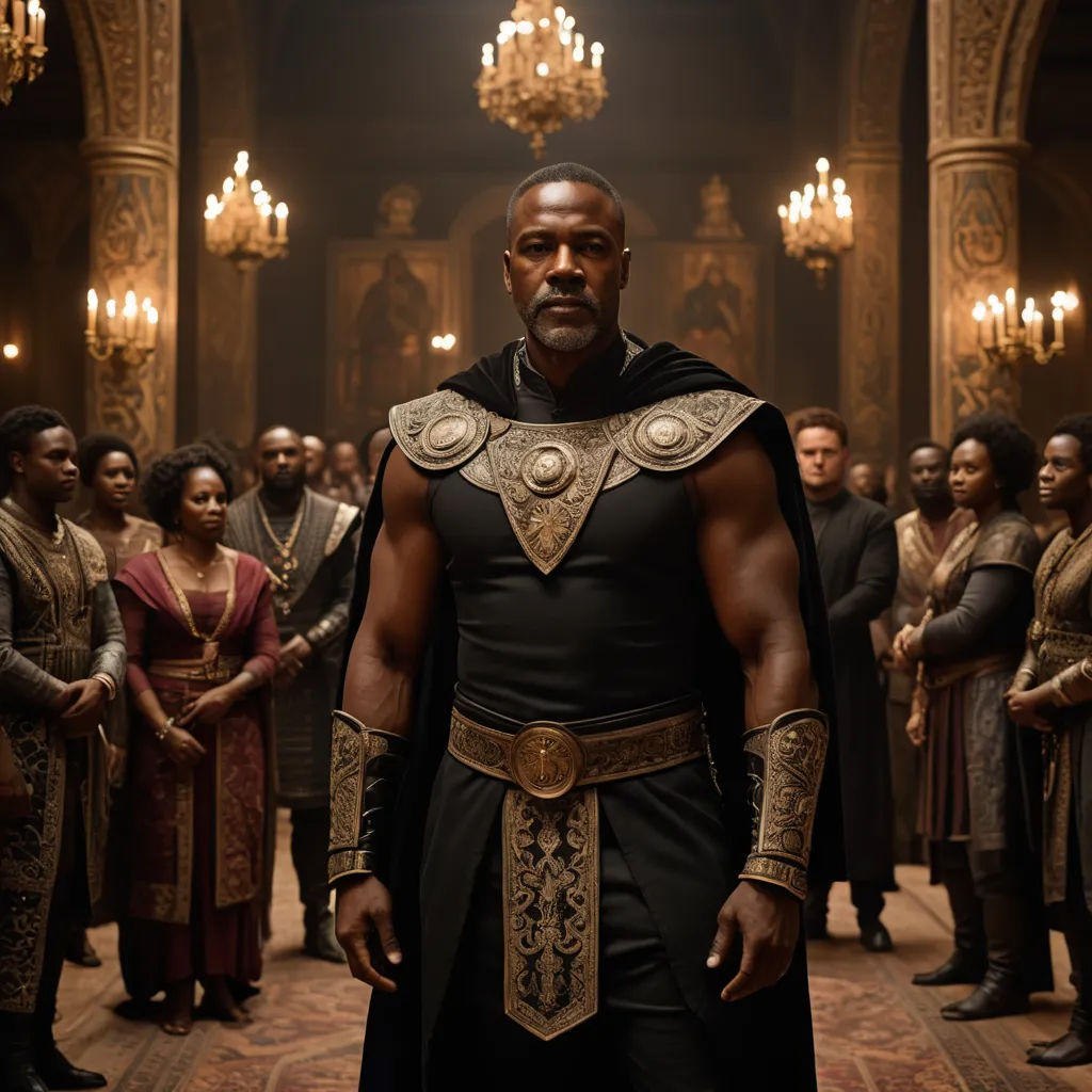 a man in a black outfit standing in front of a group of people in a room with chandeliers, afrofuturism, a renaissance painting, Altoon Sultan, promotional image