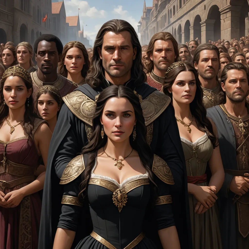 a group of people standing in front of a crowd of people in roman dress and armor, all wearing gold and black, fantasy art, a detailed painting, Donato Giancola, mars ravelo and greg rutkowski