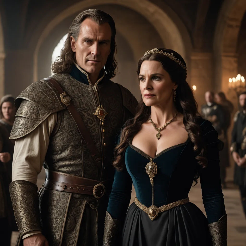 a man and a woman dressed in medieval clothing standing next to each other in a hall of people wearing period costumes, international gothic, a renaissance painting, Ada Gladys Killins, promotional image