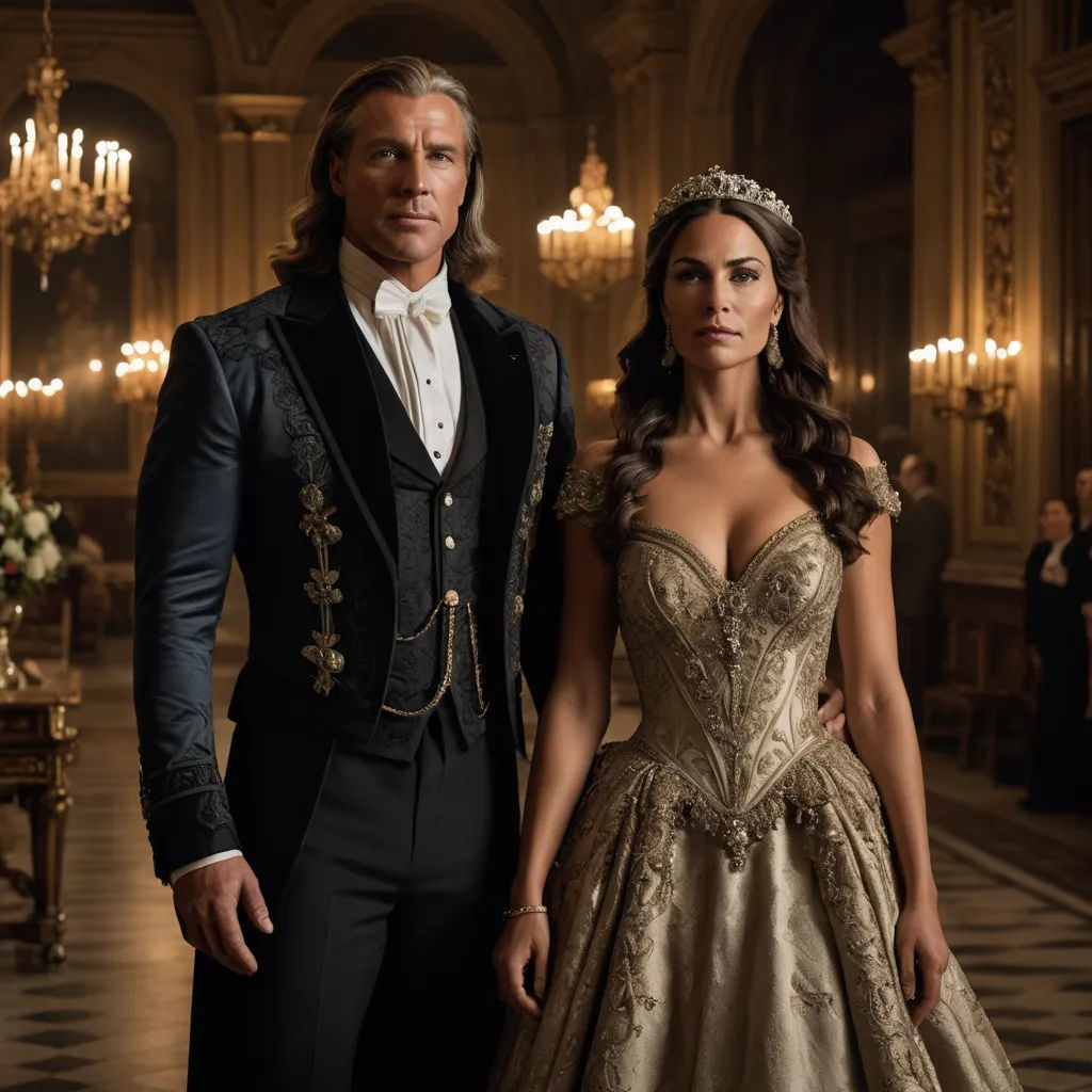a man and a woman in formal wear standing in a hall with chandeliers and chandeliers, international gothic, a poster, Aramenta Dianthe Vail, promotional image