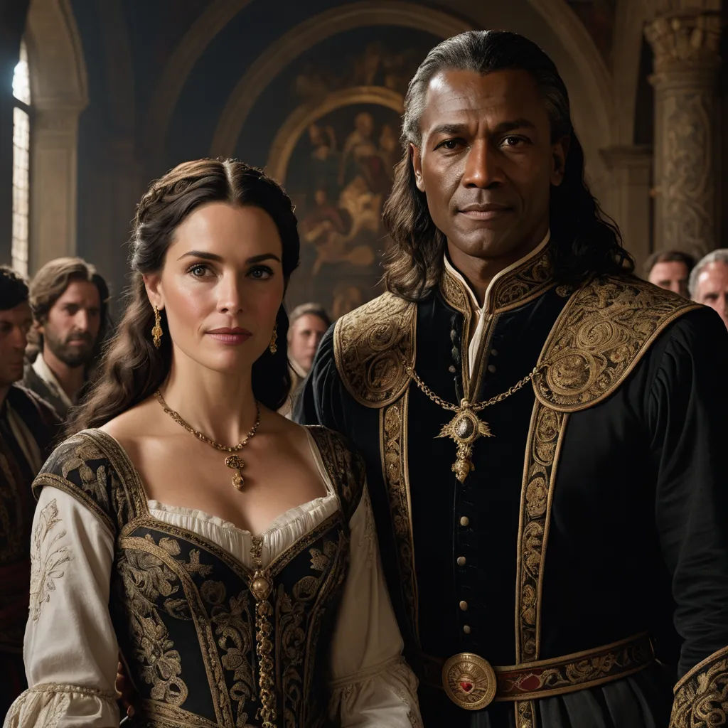 a man and a woman dressed in renaissance clothing standing next to each other in a room full of people, renaissance, a flemish Baroque, Corneille, promotional image