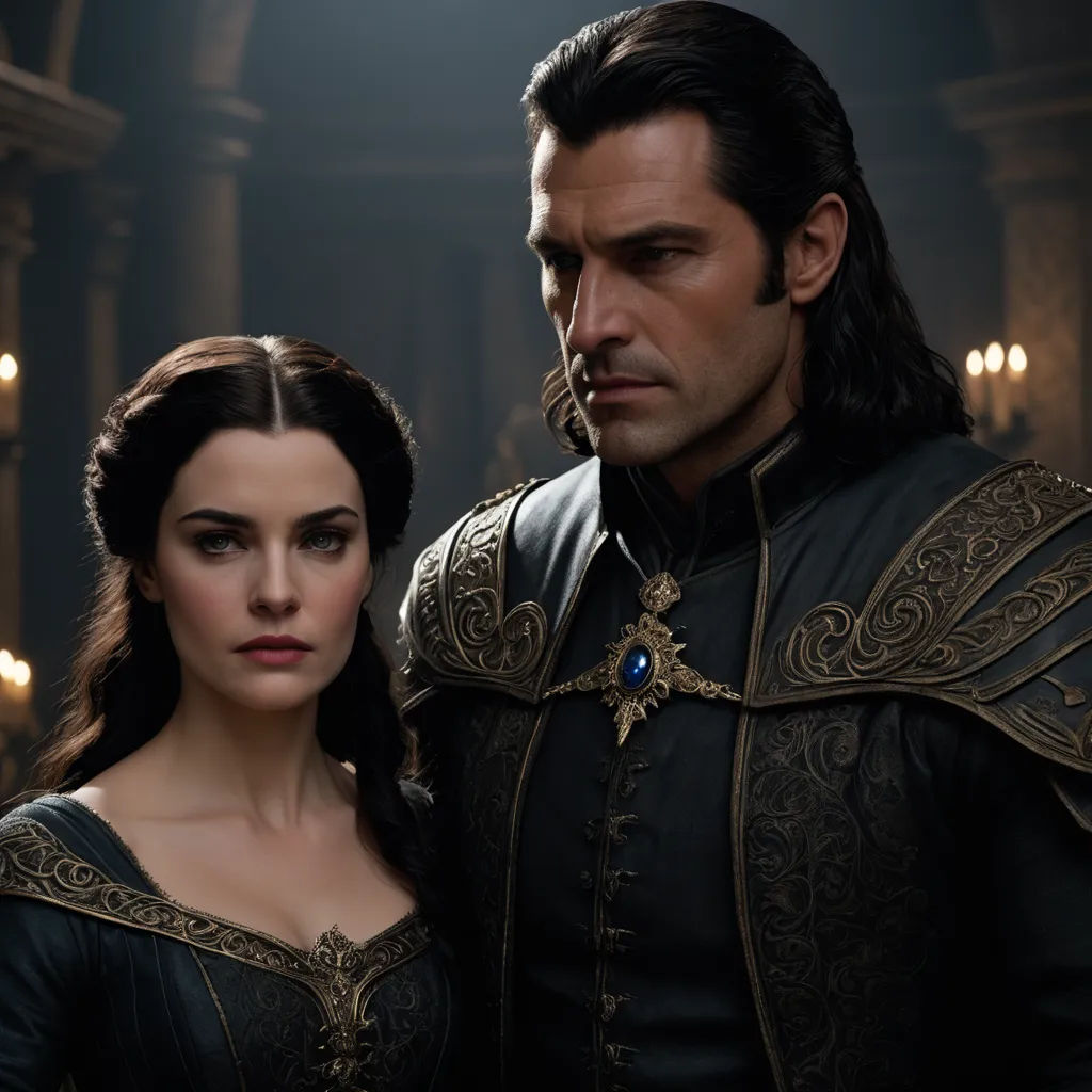 a man and a woman in medieval costumes standing together in a dark room with chandeliers and lights, international gothic, a detailed matte painting, Araceli Gilbert, promotional image