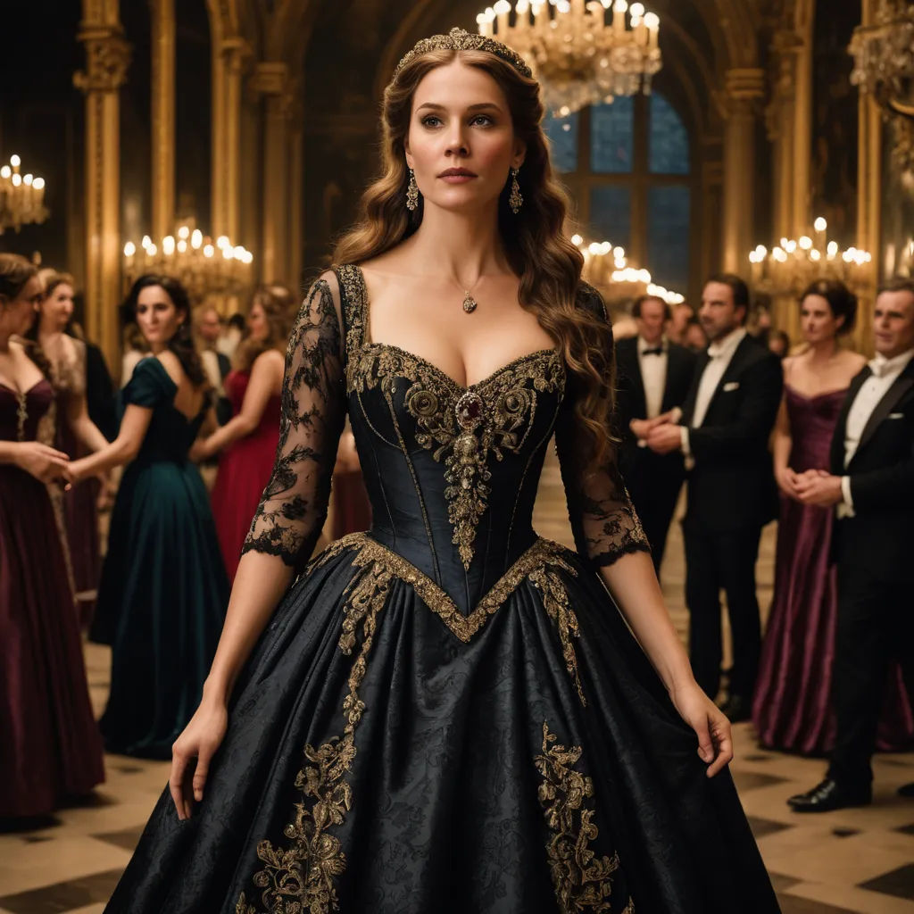 a woman in a black and gold dress standing in a ballroom with other people in formal wear and chandeliers, rococo, a flemish Baroque, Anna Maria Barbara Abesch, promotional image