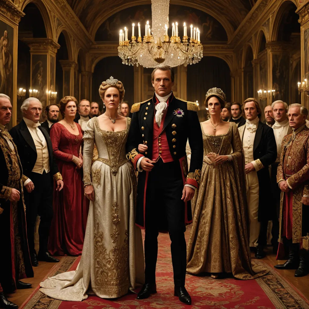 a man and woman in period dress standing in front of a group of people in formal dress and tiaras, rococo, a flemish Baroque, Bourgeois, promotional image
