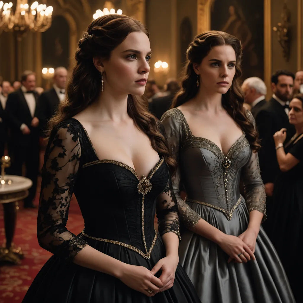 two women in formal dress standing in a room with people in the background and a chandelier hanging from the ceiling, rococo, a flemish Baroque, Anne Said, victorian