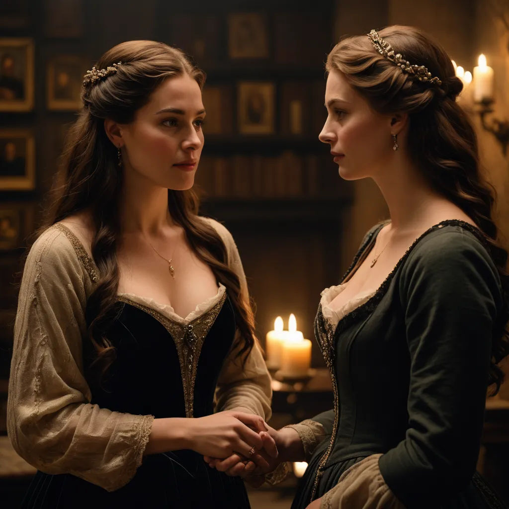 two women in renaissance dress standing next to each other in a room with candles on the walls and a fireplace, mannerism, a flemish Baroque, Anne Said, promotional image