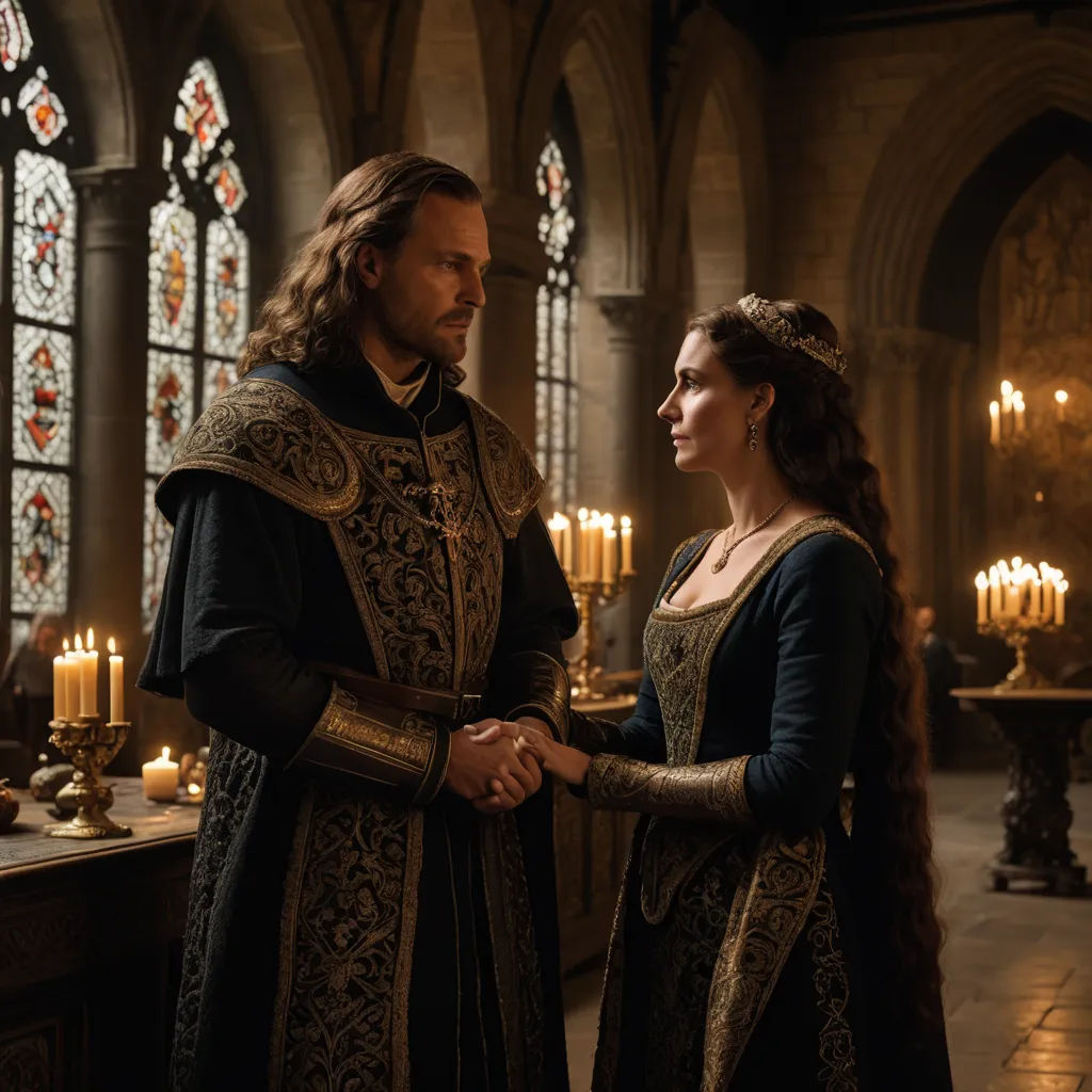 a man and a woman in medieval costumes standing in a church together, looking at each other with candles in the background, international gothic, a renaissance painting, Christabel Dennison, promotional image