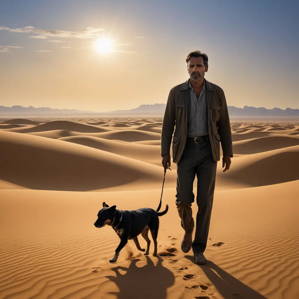 a man walking a dog across a desert field at sunset with the sun shining on the horizon behind him, serial art, a poster, David Annand, promotional image