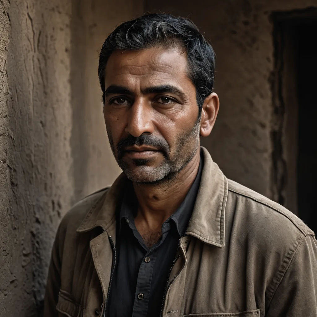a man with a beard and a jacket on standing in front of a building with a door and a window, serial art, a character portrait, Amir Zand, portrait photography