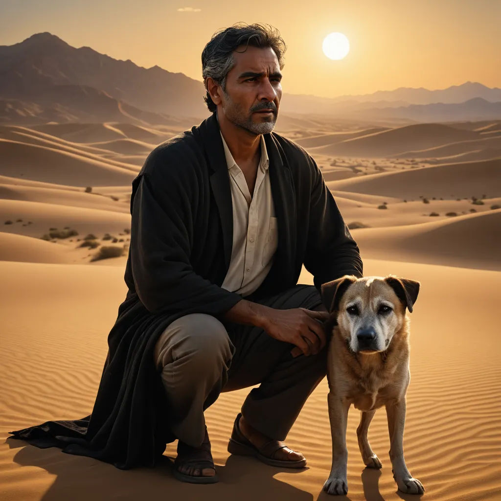 a man kneeling down next to a dog in the desert at sunset with mountains in the background and a sun setting, dau-al-set, a poster, Chafik Charobim, promotional image