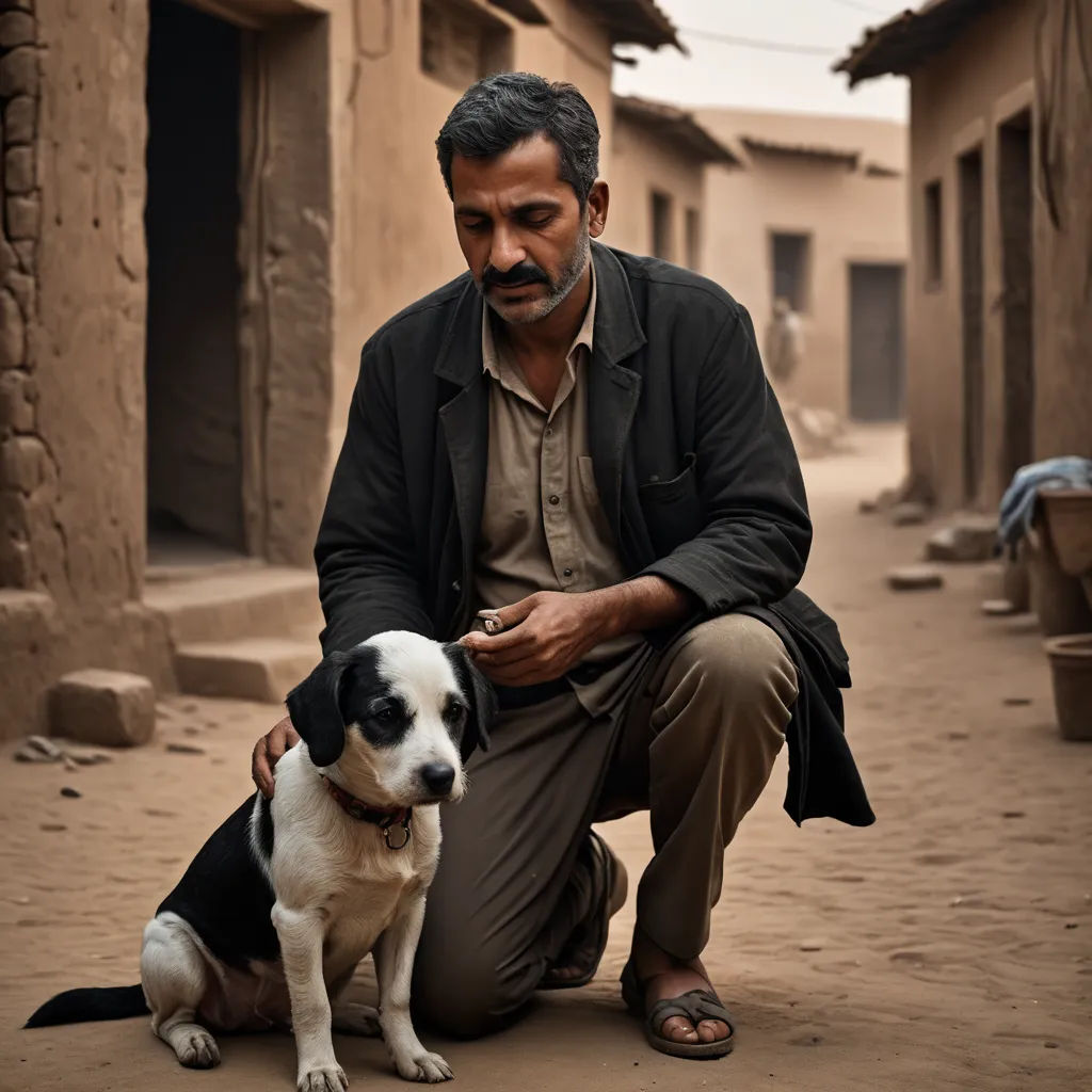 a man sitting down with a dog in front of him on the street of a village in africa,, serial art, a character portrait, Chafik Charobim, promotional image