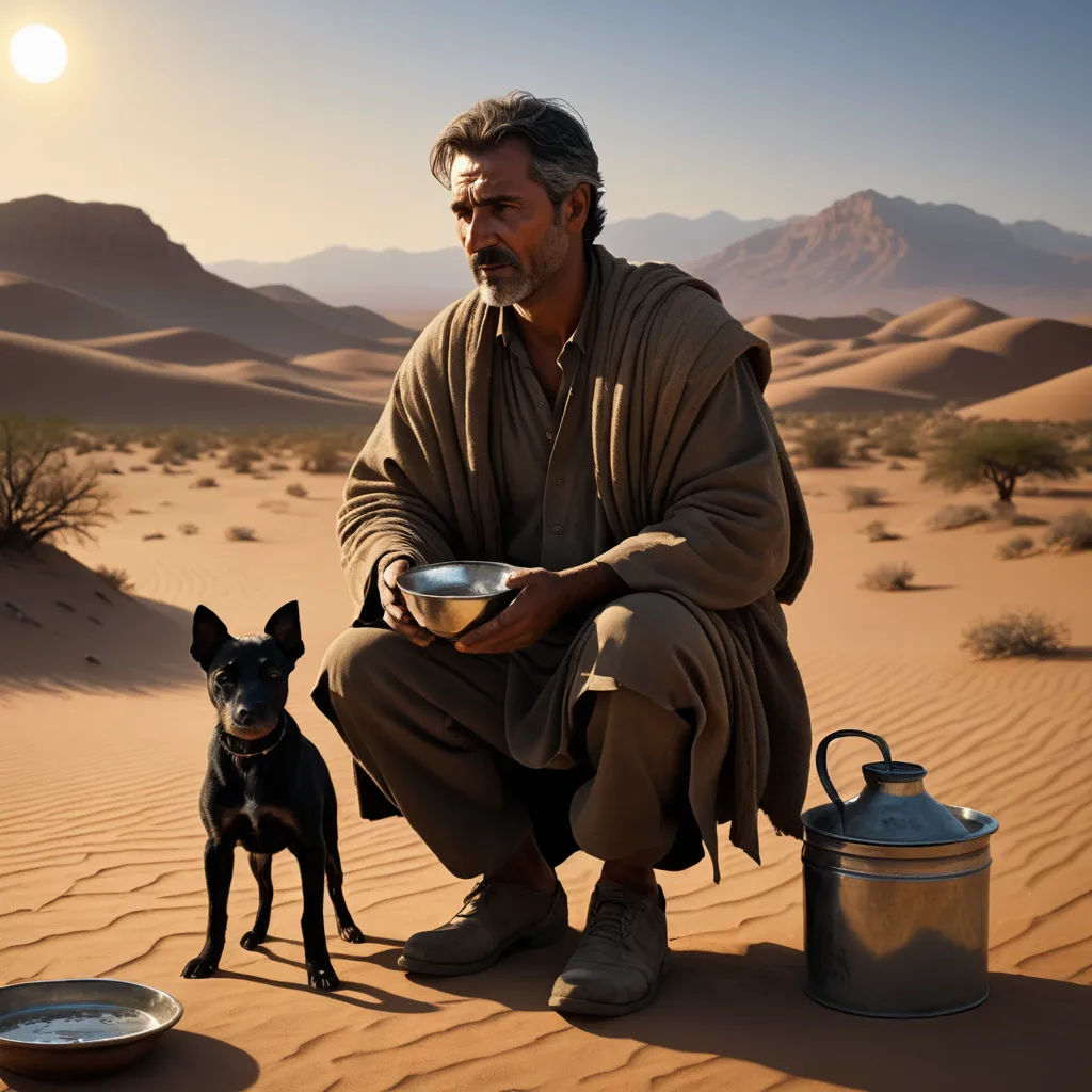 a man and his dog are sitting in the desert with a bowl of water and a water bowl in front of him, magical realism, a detailed matte painting, David Annand, cinematic photography