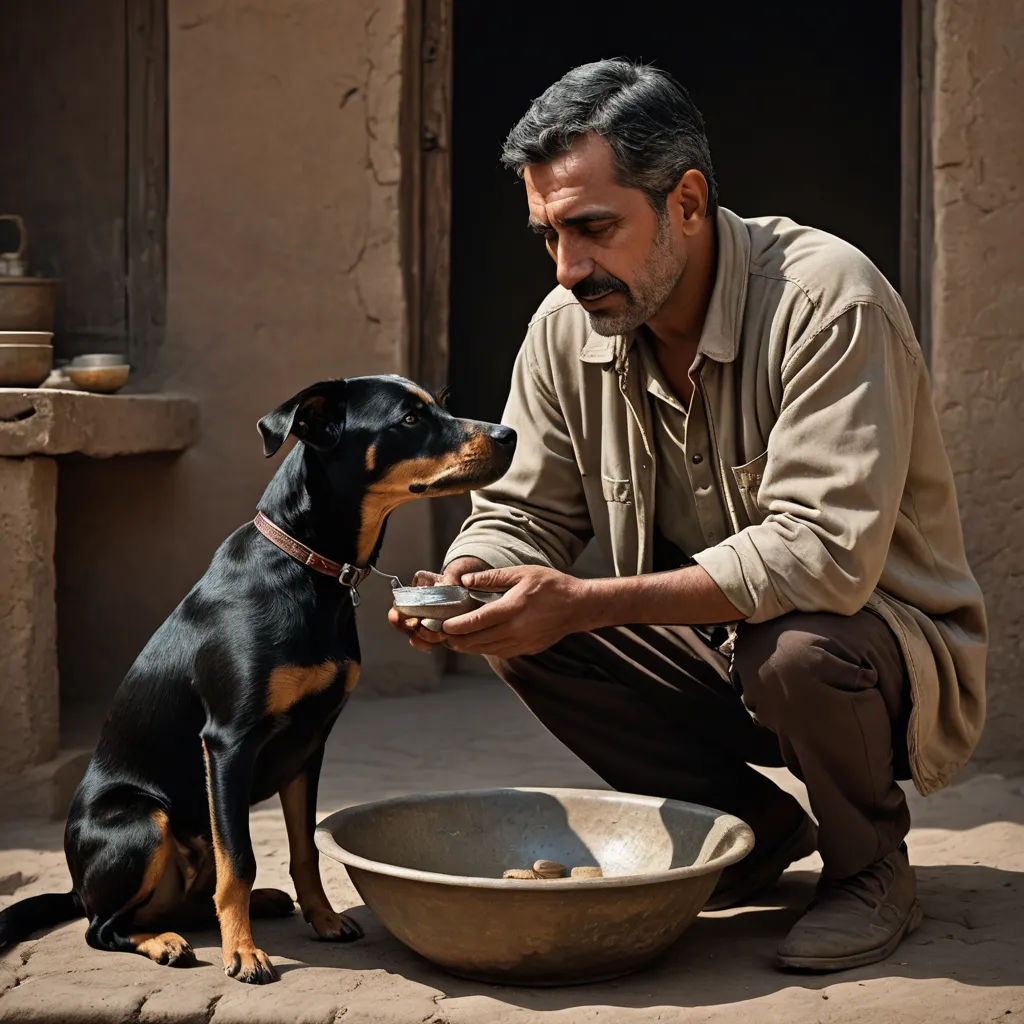 a man feeding a dog food out of a bowl on the ground in front of a building with a door, magical realism, a still life, David Annand, promotional image