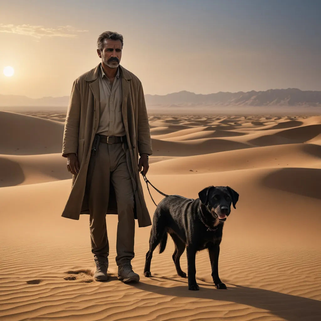 a man in a desert with a dog on a leash and a desert landscape in the background with mountains, private press, a poster, Amir Zand, vfx