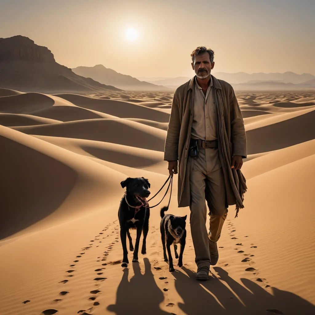 a man walking two dogs on a desert trail at sunset with the sun in the distance behind him and a mountain range in the distance, serial art, a character portrait, Amir Zand, cinematic photography