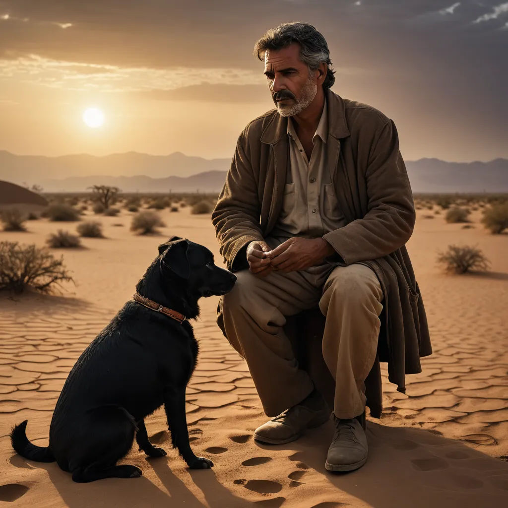 a man sitting on a sand dune with a dog in front of him and a sunset in the background, serial art, a poster, Breyten Breytenbach, cinematic photography