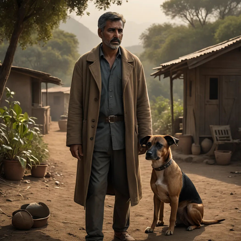 a man standing next to a dog on a dirt road near a shack and trees with mountains in the background, magical realism, a poster, Don Arday, promotional image