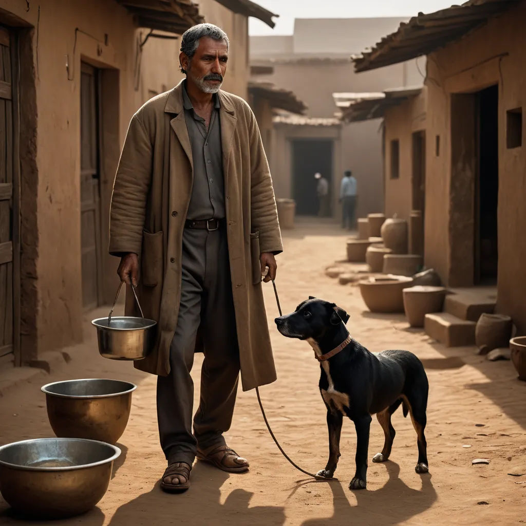 a man walking a dog down a street next to a bowl and a bowl on a leash and another dog, magical realism, a poster, Bhupen Khakhar, cinematic photography