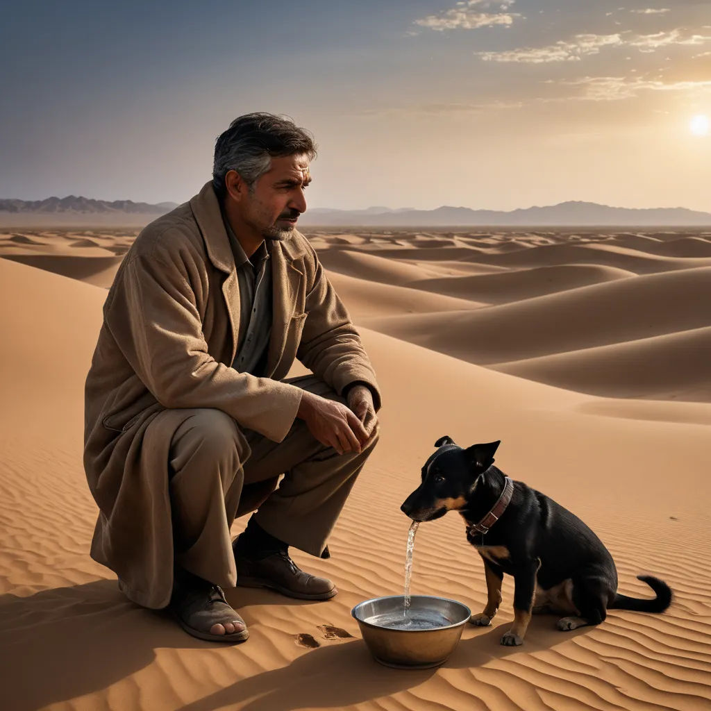 a man and his dog are drinking water from a bowl in the desert sand dunes at sunset or dawn, art photography, a stock photo, Amir Zand, cinematic photography