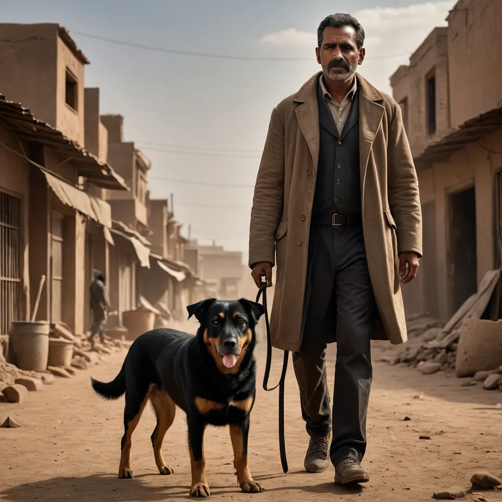 a man walking a dog down a street in a desert town with buildings in the background and a man in a coat walking a dog, international gothic, a poster, Amir Zand, vfx