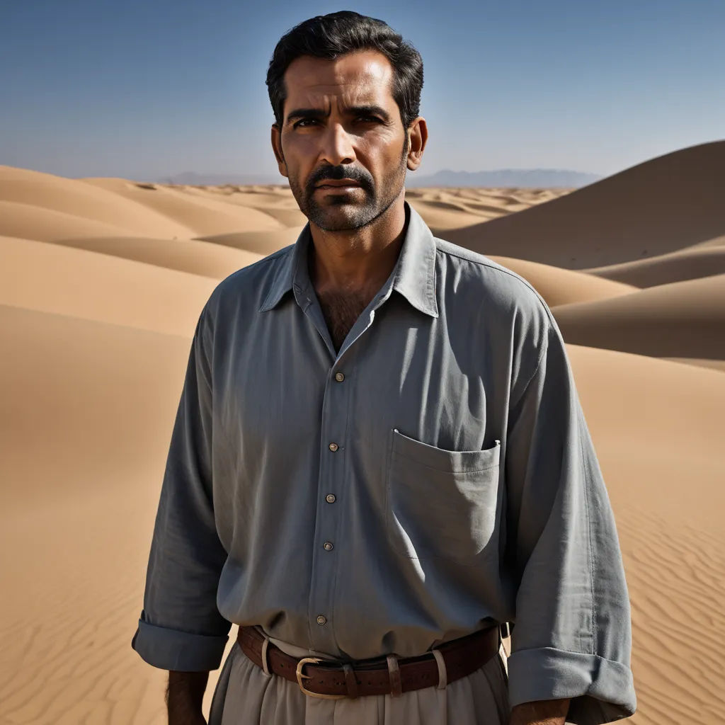 a man standing in the desert with a desert background and sand dunes in the distance, wearing a shirt with a pocket, qajar art, a character portrait, Amir Zand, desert