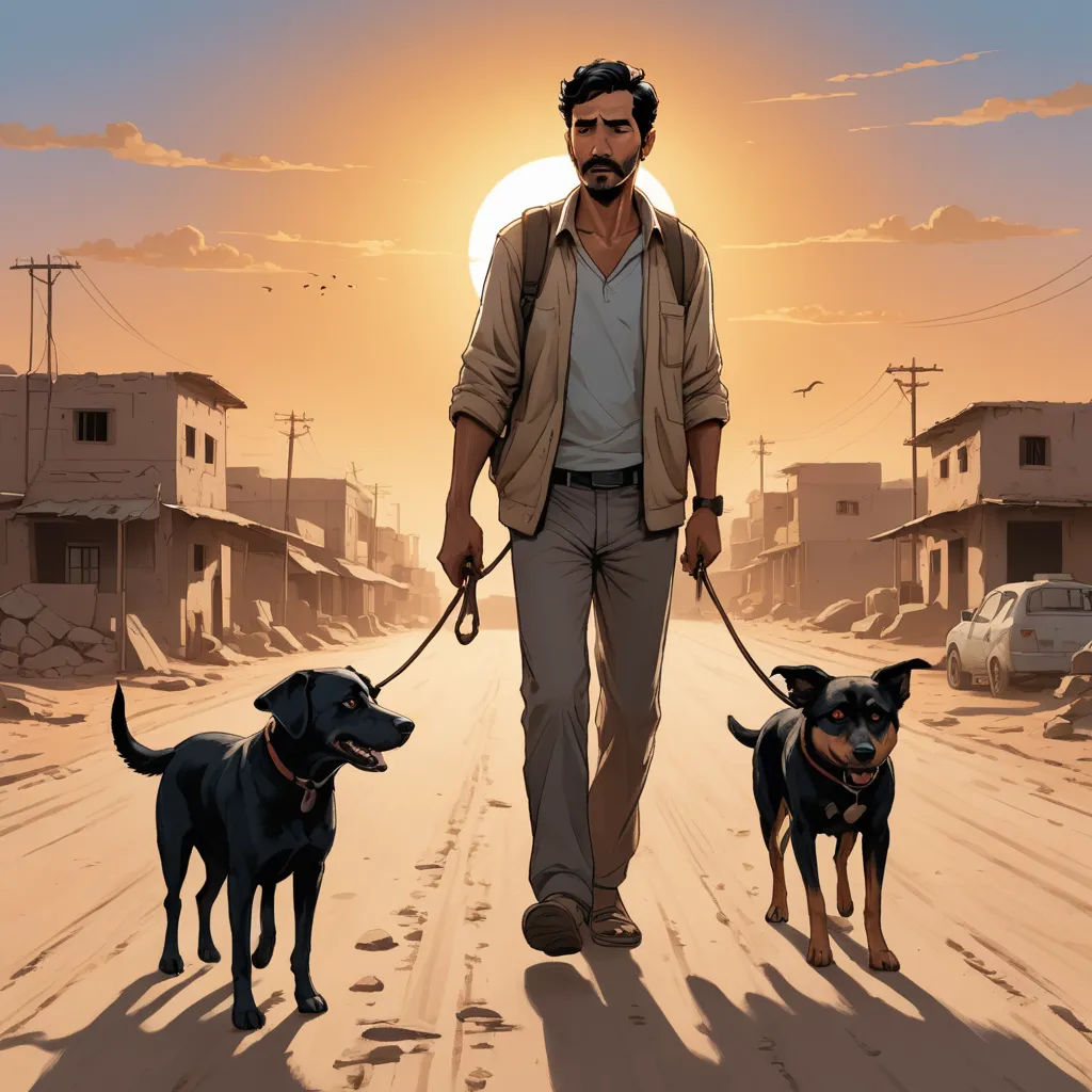 a man walking two dogs on a leash in the middle of a street at sunset with a setting sun, serial art, poster art, Asaf Hanuka, key art