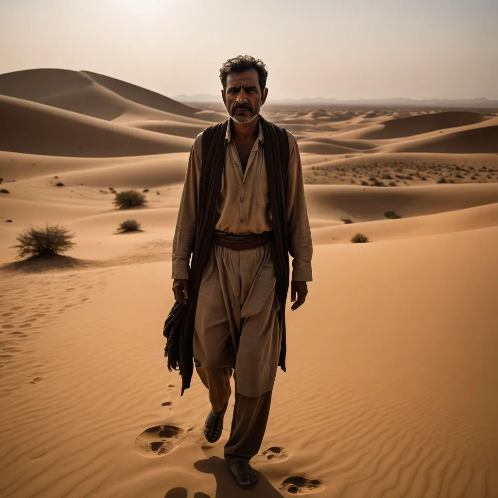 a man walking across a desert with footprints in the sand and a sun in the background with a sky, serial art, a character portrait, Amir Zand, desert