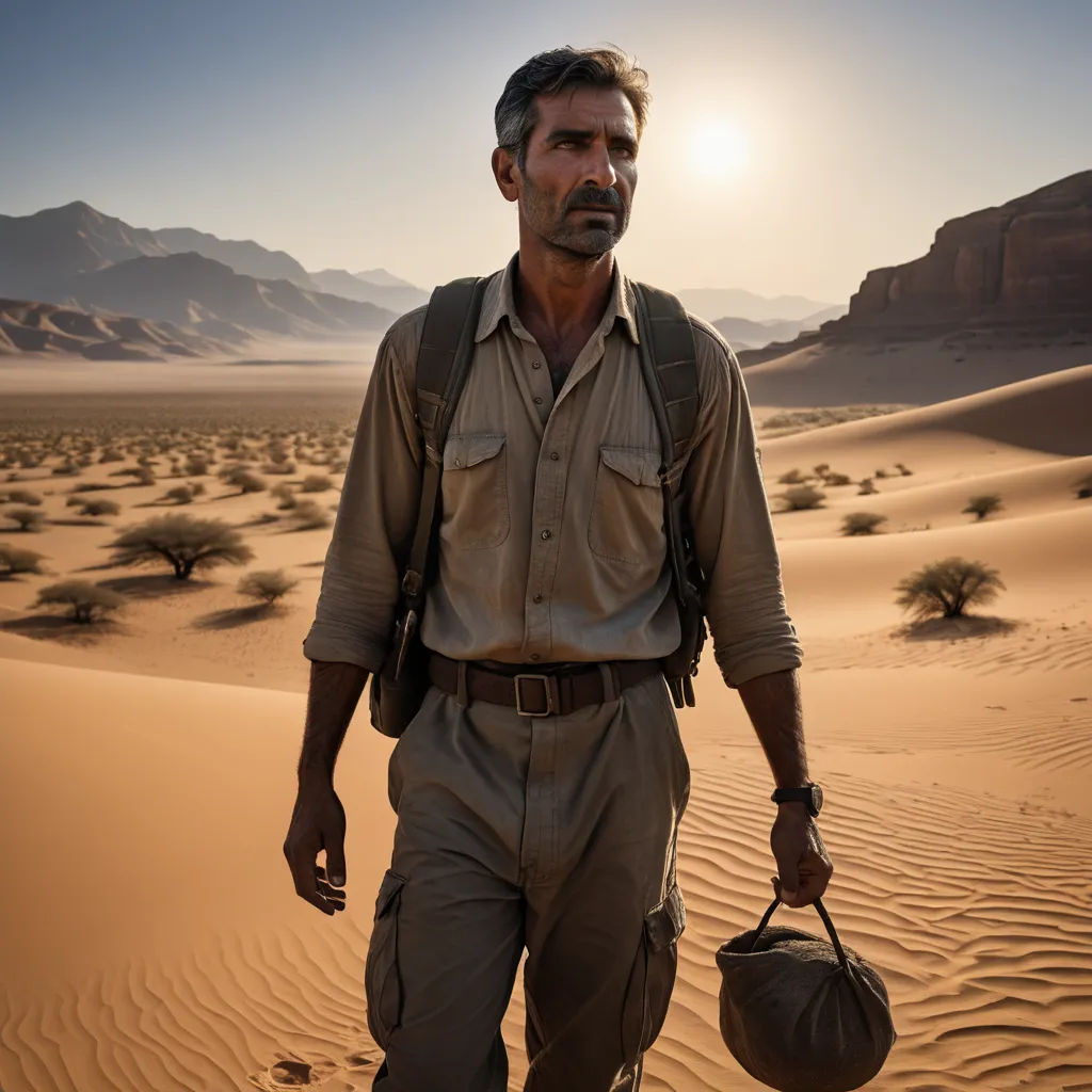 a man in a desert with a hat and a bag on his shoulder walking through the desert with mountains in the background, primitivism, a character portrait, David Annand, promotional image