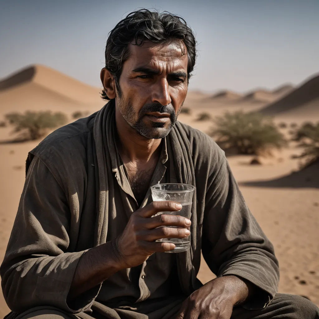 a man sitting in the desert holding a glass of water in his hand and looking at the camera with a desert background, art photography, a character portrait, Amir Zand, promotional image