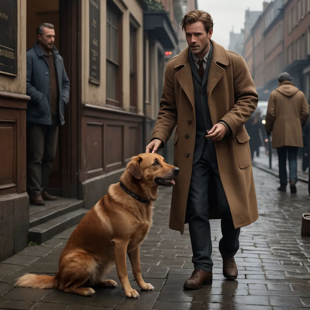 a man walking a dog down a street next to a tall building with a man in a coat and tie, arts and crafts movement, a poster, Christian Hilfgott Brand, promotional image