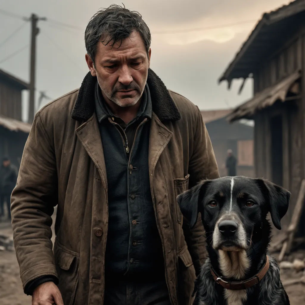 a man and a dog standing in a dirt area next to a building and a telephone pole with a sky background, art & language, a character portrait, Edo Murtić, promotional image