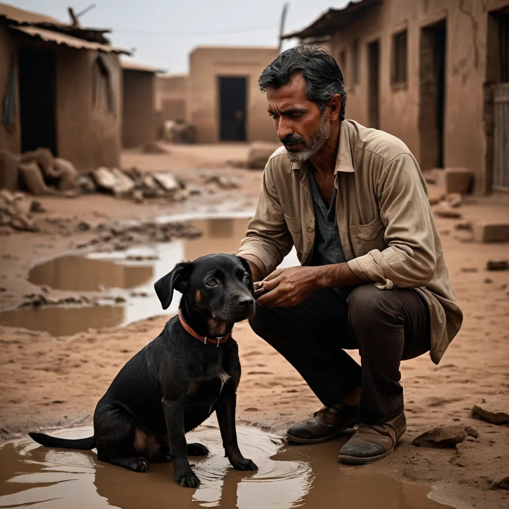 a man kneeling down next to a dog in a puddle of water in a dirty street area with mud buildings, figuration libre, a character portrait, Elke Vogelsang, cinematic photography