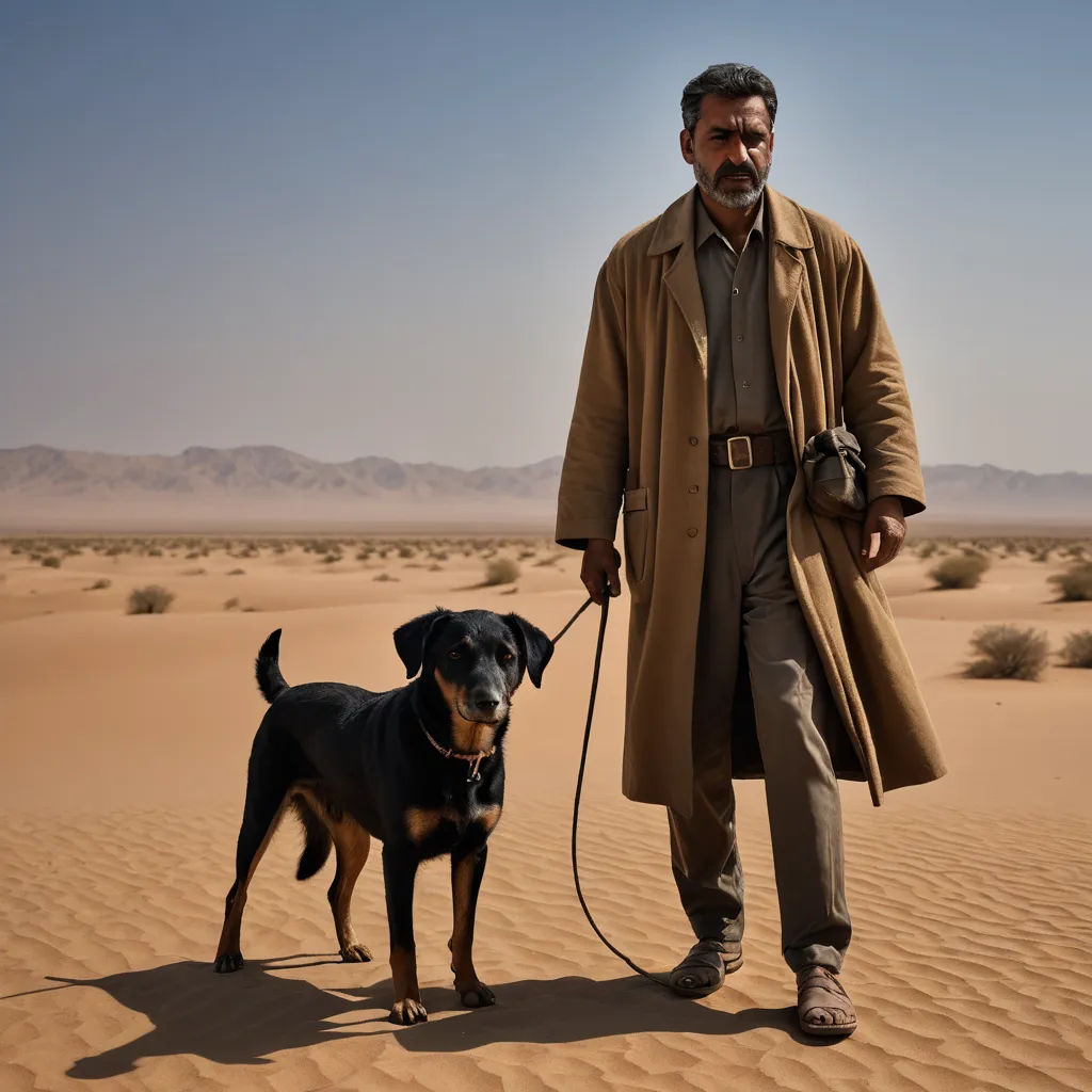 a man in a trench coat and a dog on a leash in the desert with sand dunes in the background, serial art, a poster, Chafik Charobim, vfx