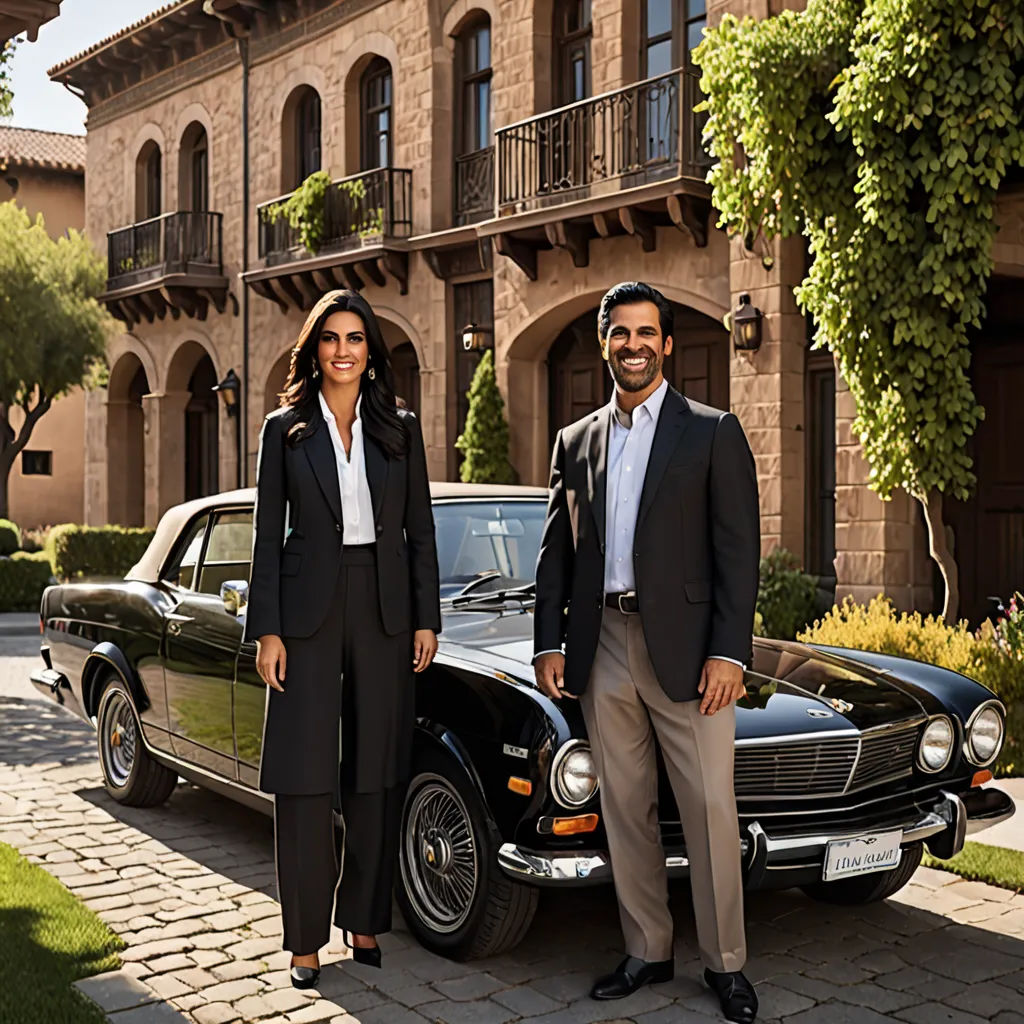a man and woman standing next to a car in front of a building with a balcony and balconies, international gothic, a digital rendering, Bernardo Cavallino, promotional image