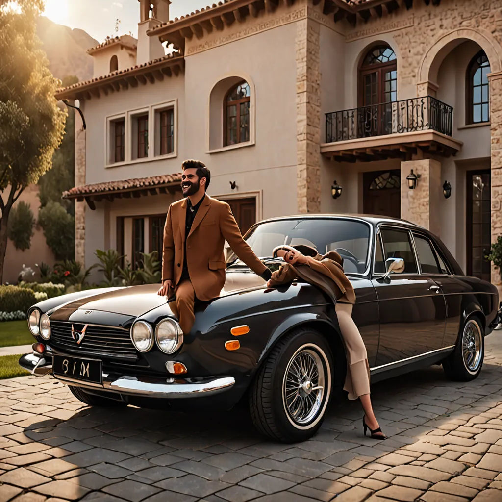 a man and woman sitting on the hood of a car in front of a house with a woman leaning on the hood, renaissance, a stock photo, Bernardo Cavallino, luxury