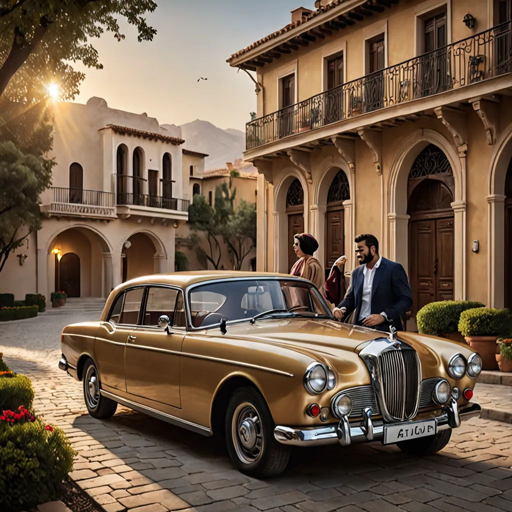 a couple of people standing next to a car in front of a building with a woman standing next to it, private press, a digital rendering, Arthur Sarkissian, promotional image