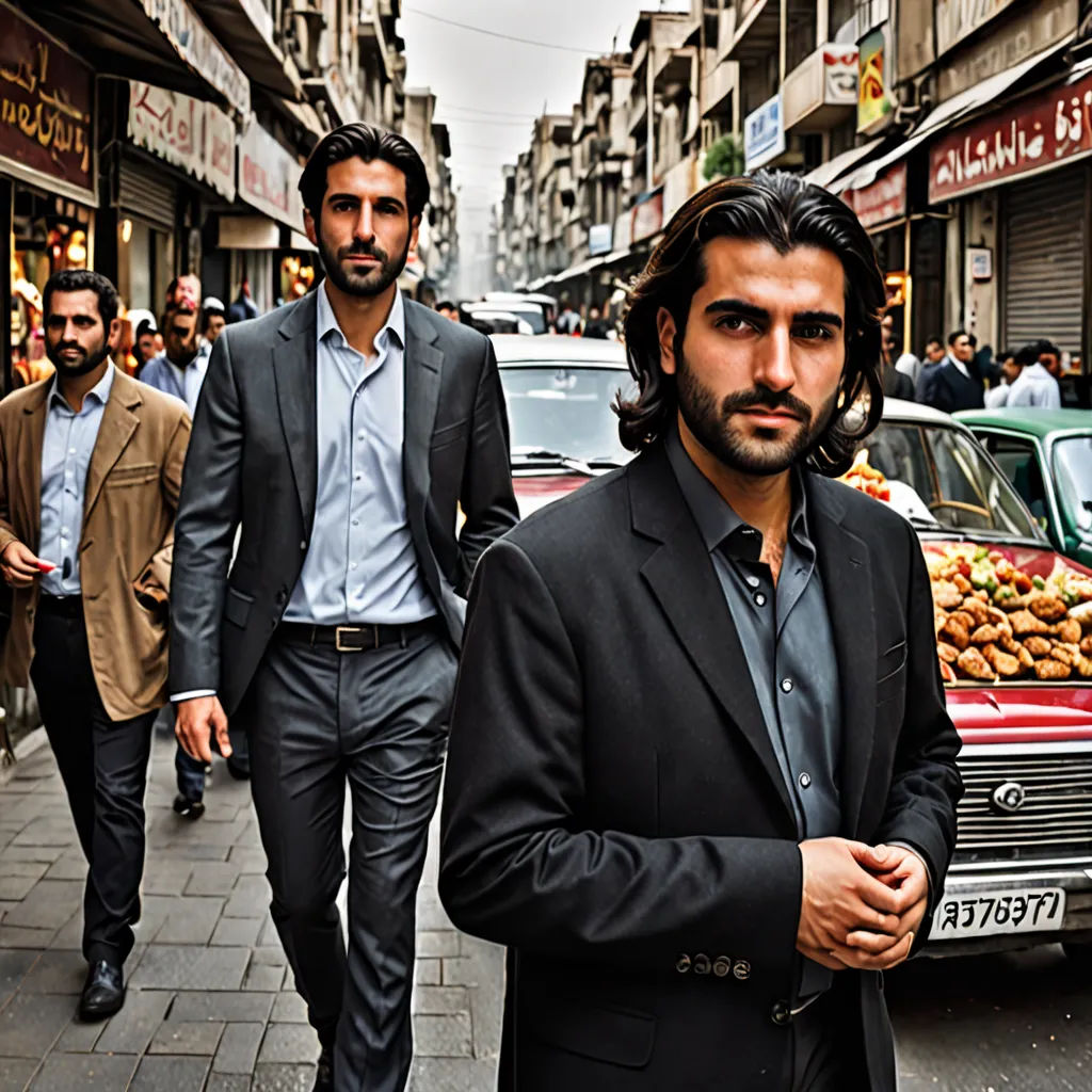 a man in a suit and tie walking down a street with other men in the background and a car parked on the side of the street, neoism, egyptian art, Ahmed Karahisari, cinematic photography