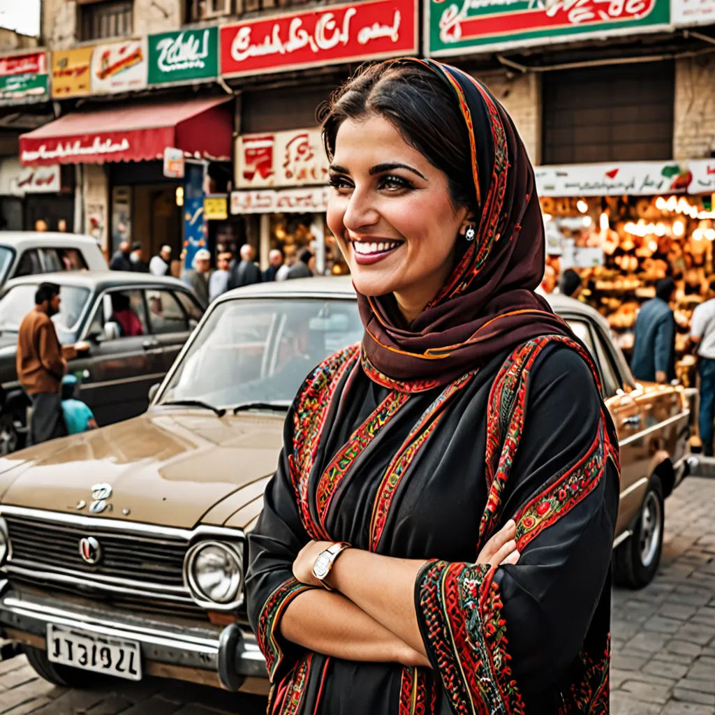a woman standing in front of a car in a street with a lot of people in the background and a car parked on the side of the road, regionalism, a picture, Bouchta El Hayani, promotional image