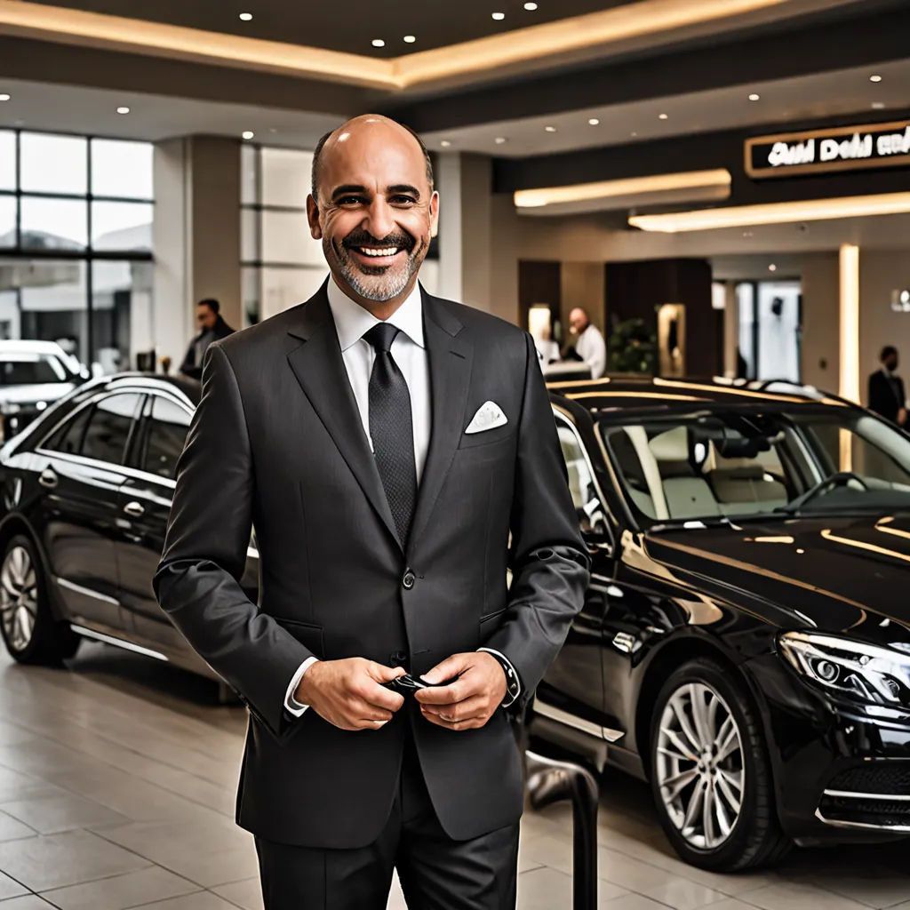 a man in a suit standing in a showroom with a car in the background and a mercedes dealership, heidelberg school, a stock photo, Ahmed Karahisari, david lazar