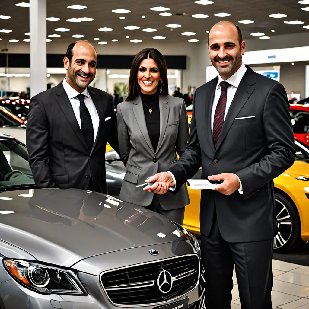 a couple of people standing next to a car in a showroom with a woman holding a piece of paper, heidelberg school, a digital rendering, Ahmed Yacoubi, promotional image